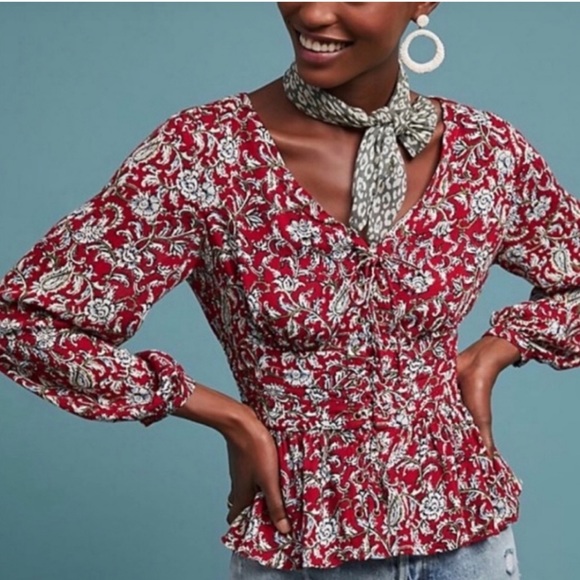 Anthropologie Tops - Anthropologie Feather & Bone Latrobe Floral Lace up Smocked Blouse size 0